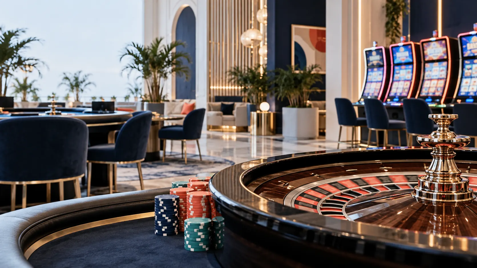 Mesa de ruleta y tragamonedas en un interior de casino ilustrado